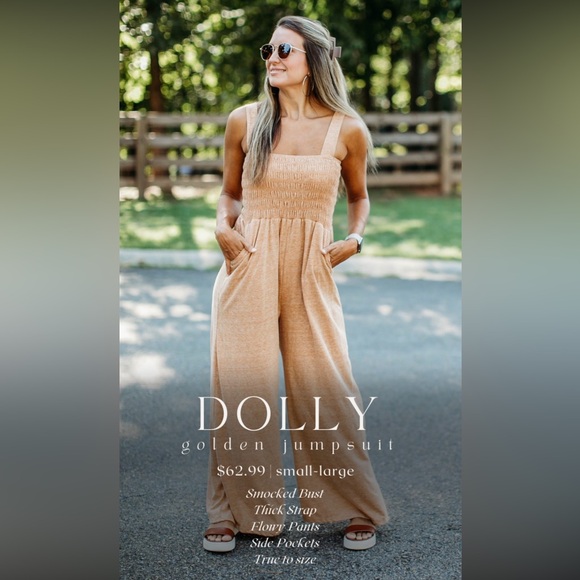 Pants - Tan Smocked Wide Leg Jumpsuit Size Medium